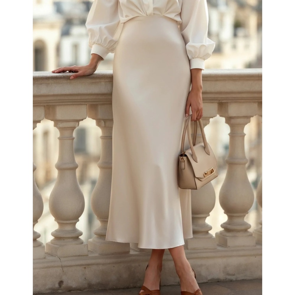 Old Money Satin Midi Skirt Womens Medium Champagne Excellent Bias Cut Silk Look